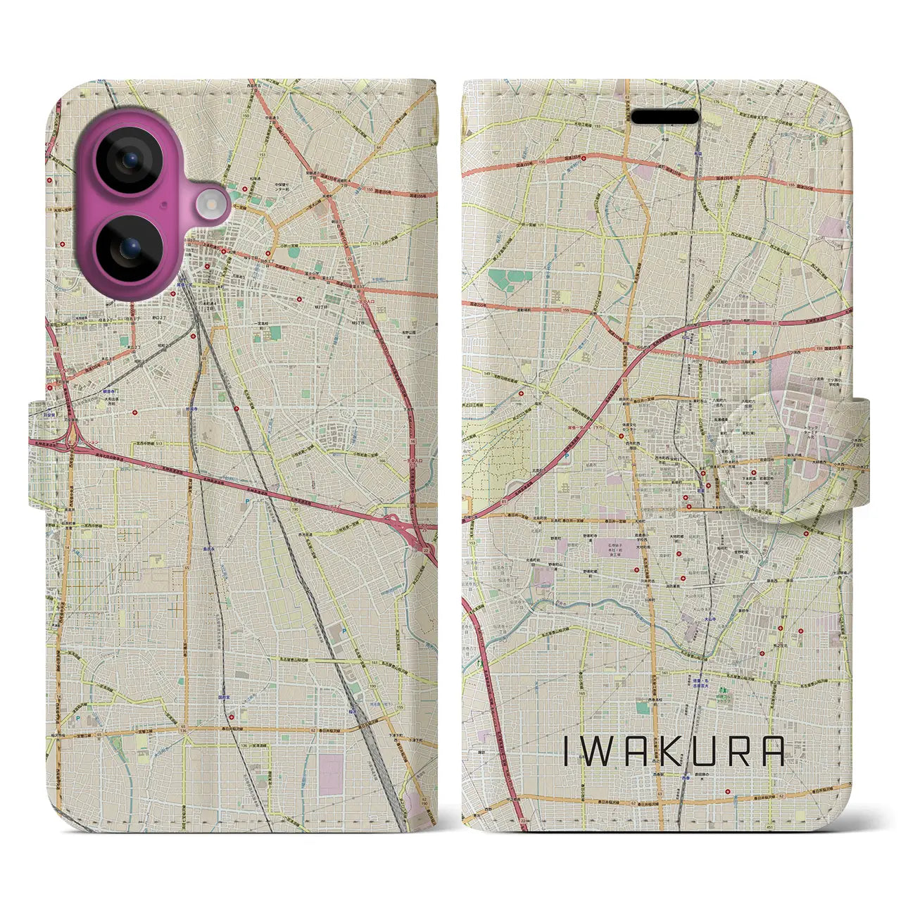 【岩倉(愛知県)】地図柄iPhoneケース(手帳タイプ)ナチュラル・iPhone 16 Pro 用