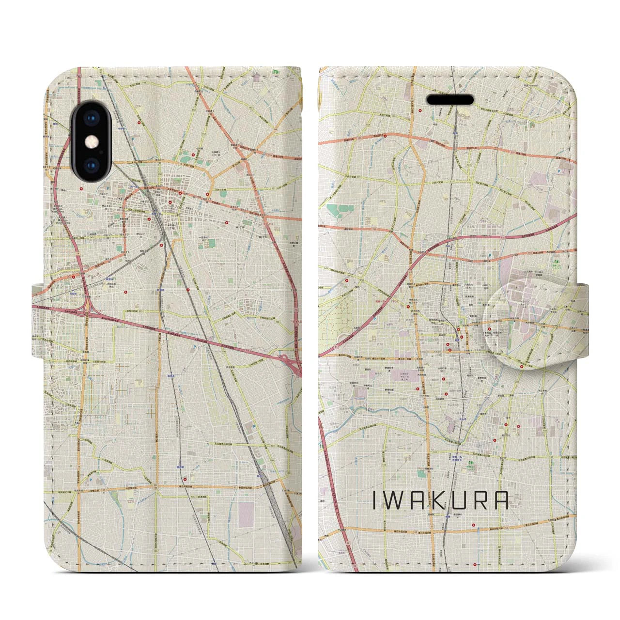 【岩倉(愛知県)】地図柄iPhoneケース(手帳タイプ)ナチュラル・iPhone XS / X 用