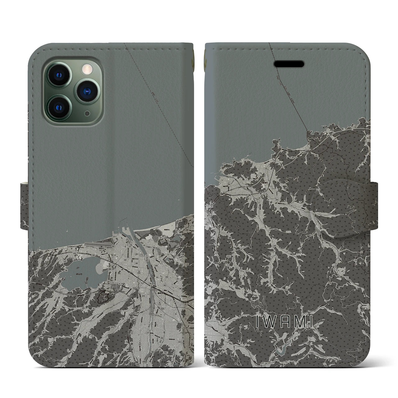 【岩美(鳥取県)】地図柄iPhoneケース(手帳タイプ)モノトーン・iPhone 11 Pro 用