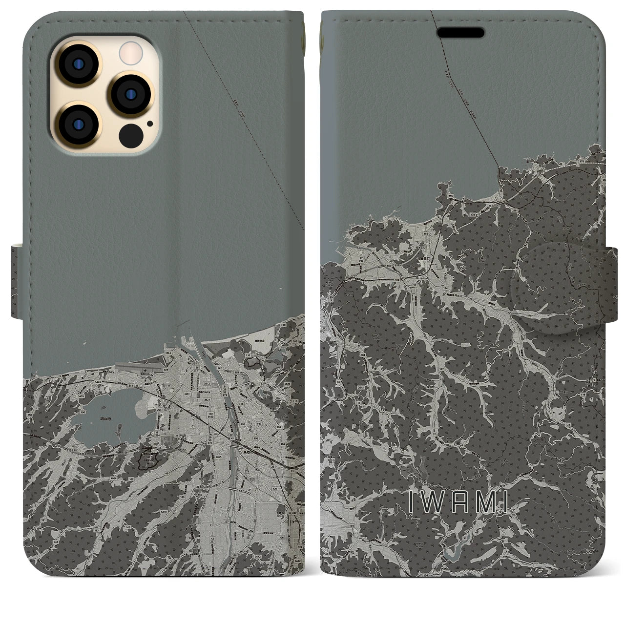 【岩美(鳥取県)】地図柄iPhoneケース(手帳タイプ)モノトーン・iPhone 12 Pro Max 用