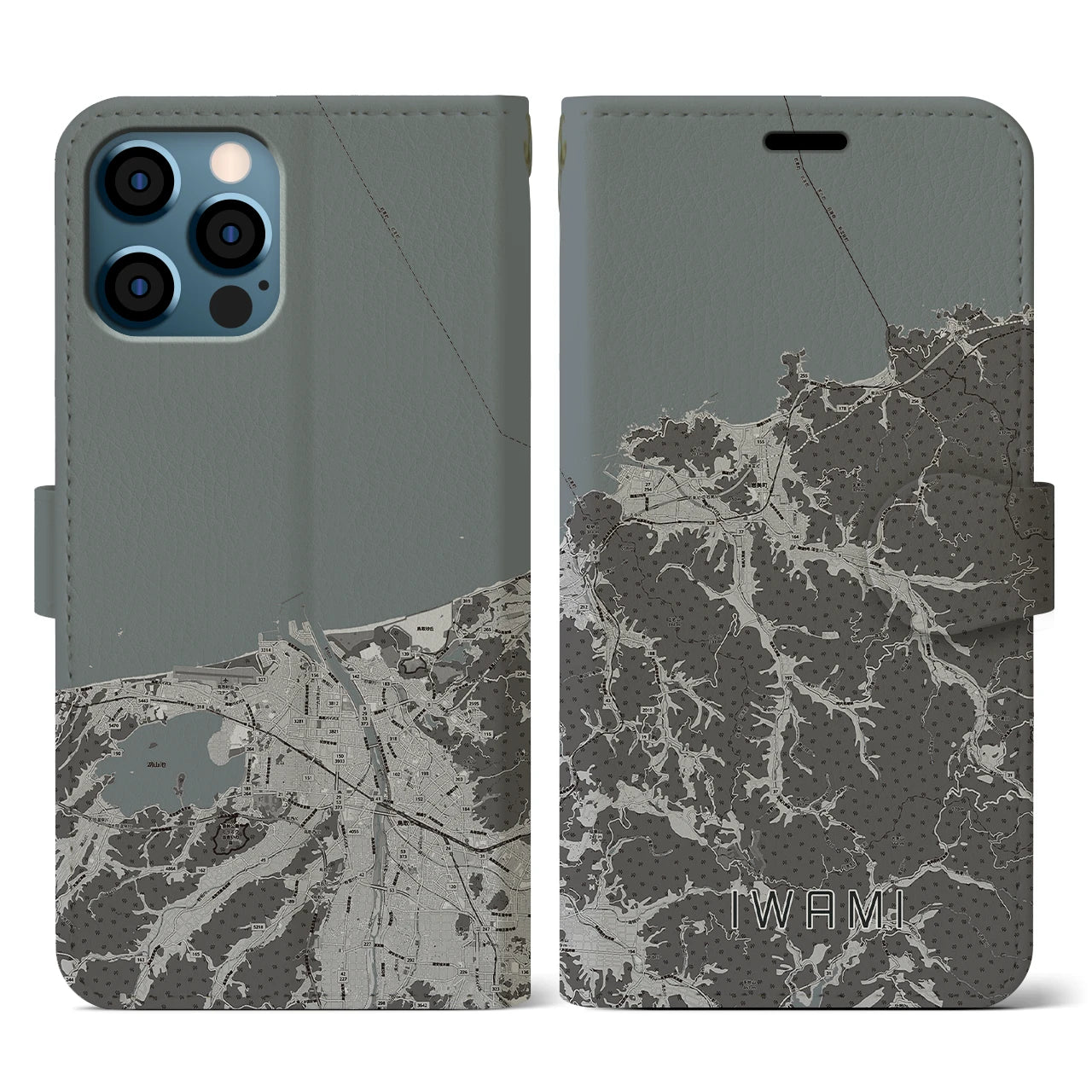 【岩美(鳥取県)】地図柄iPhoneケース(手帳タイプ)モノトーン・iPhone 12 / 12 Pro 用