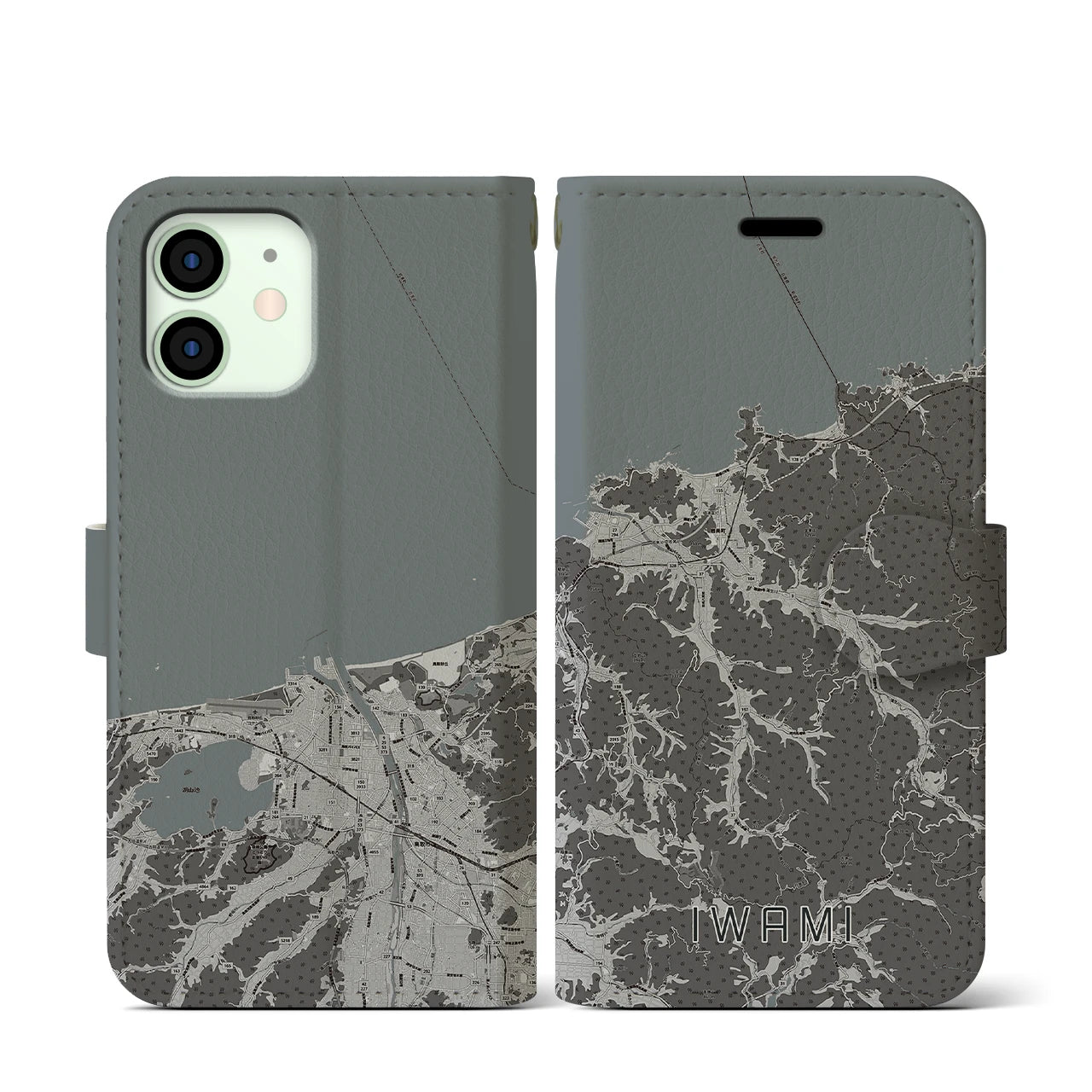 【岩美(鳥取県)】地図柄iPhoneケース(手帳タイプ)モノトーン・iPhone 12 mini 用