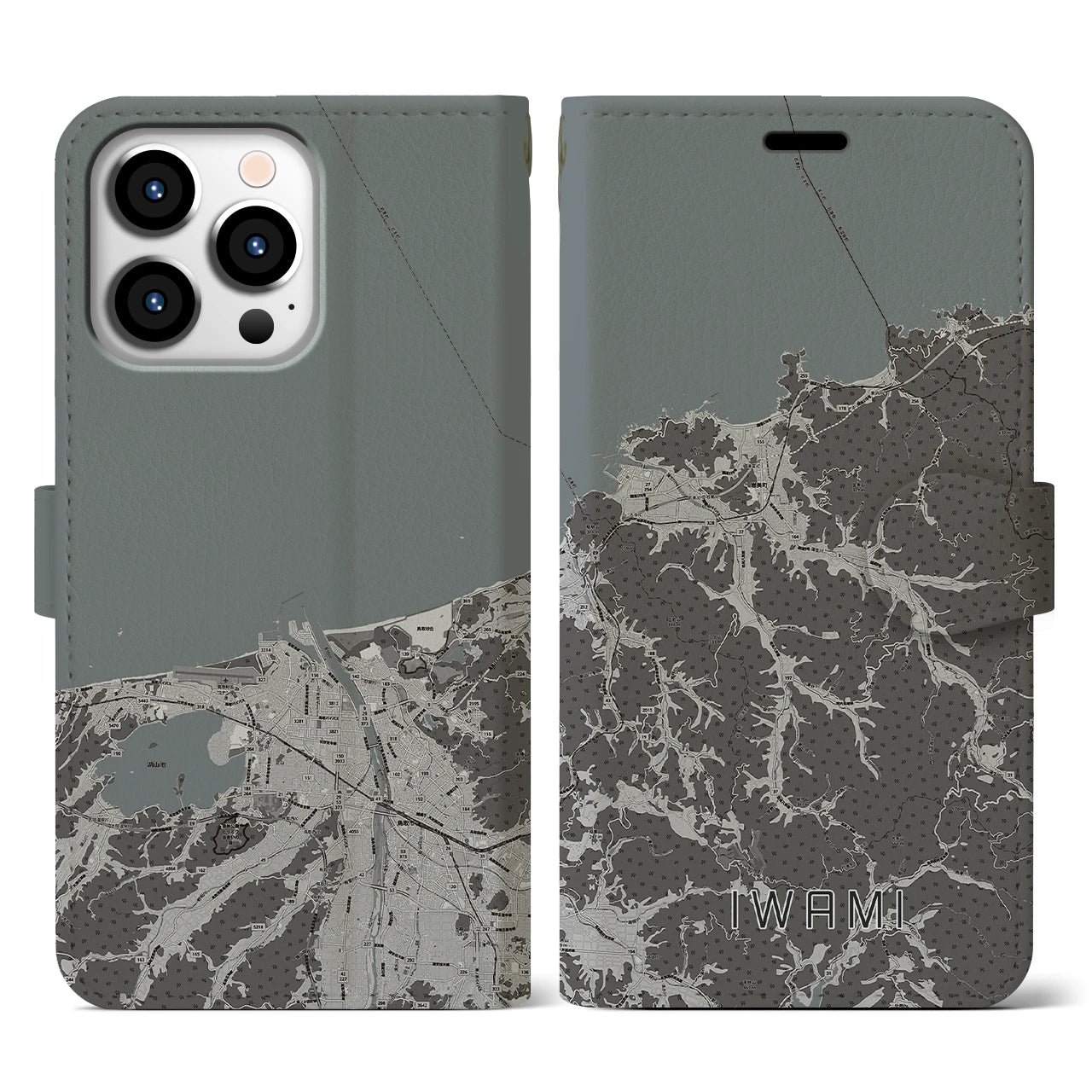 【岩美(鳥取県)】地図柄iPhoneケース(手帳タイプ)モノトーン・iPhone 13 Pro 用