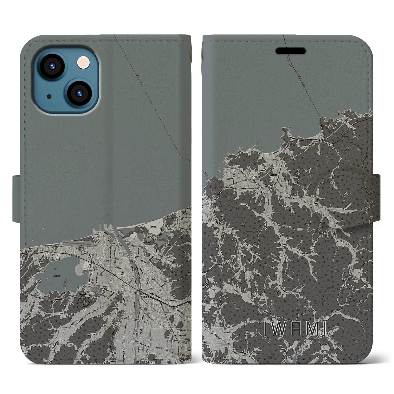 【岩美(鳥取県)】地図柄iPhoneケース(手帳タイプ)モノトーン・iPhone 13 用