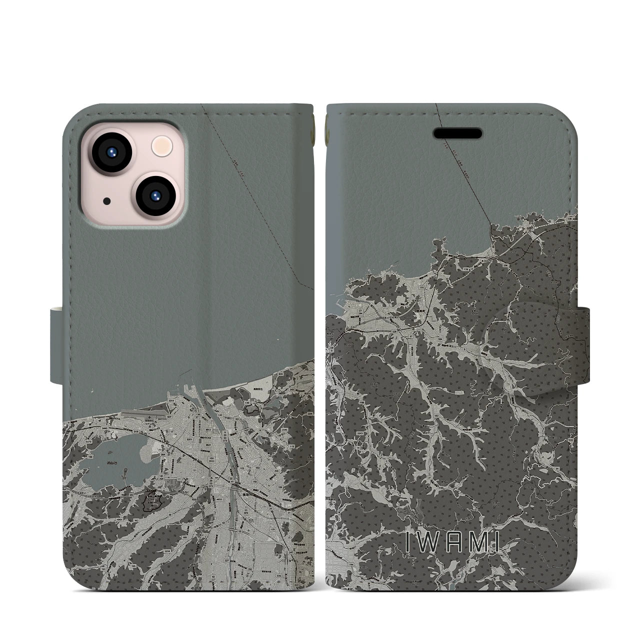 【岩美(鳥取県)】地図柄iPhoneケース(手帳タイプ)モノトーン・iPhone 13 mini 用