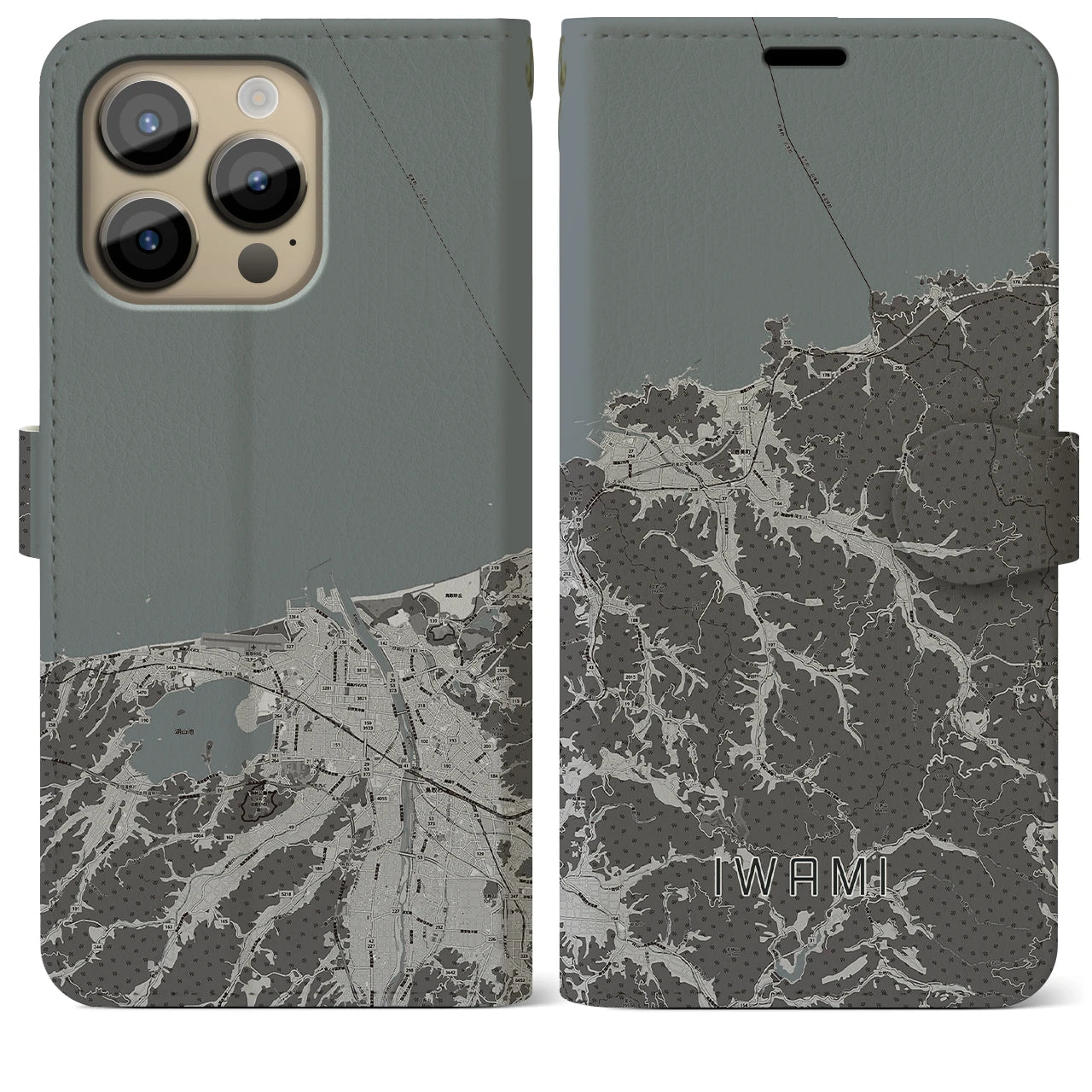 【岩美(鳥取県)】地図柄iPhoneケース(手帳タイプ)モノトーン・iPhone 14 Pro Max 用
