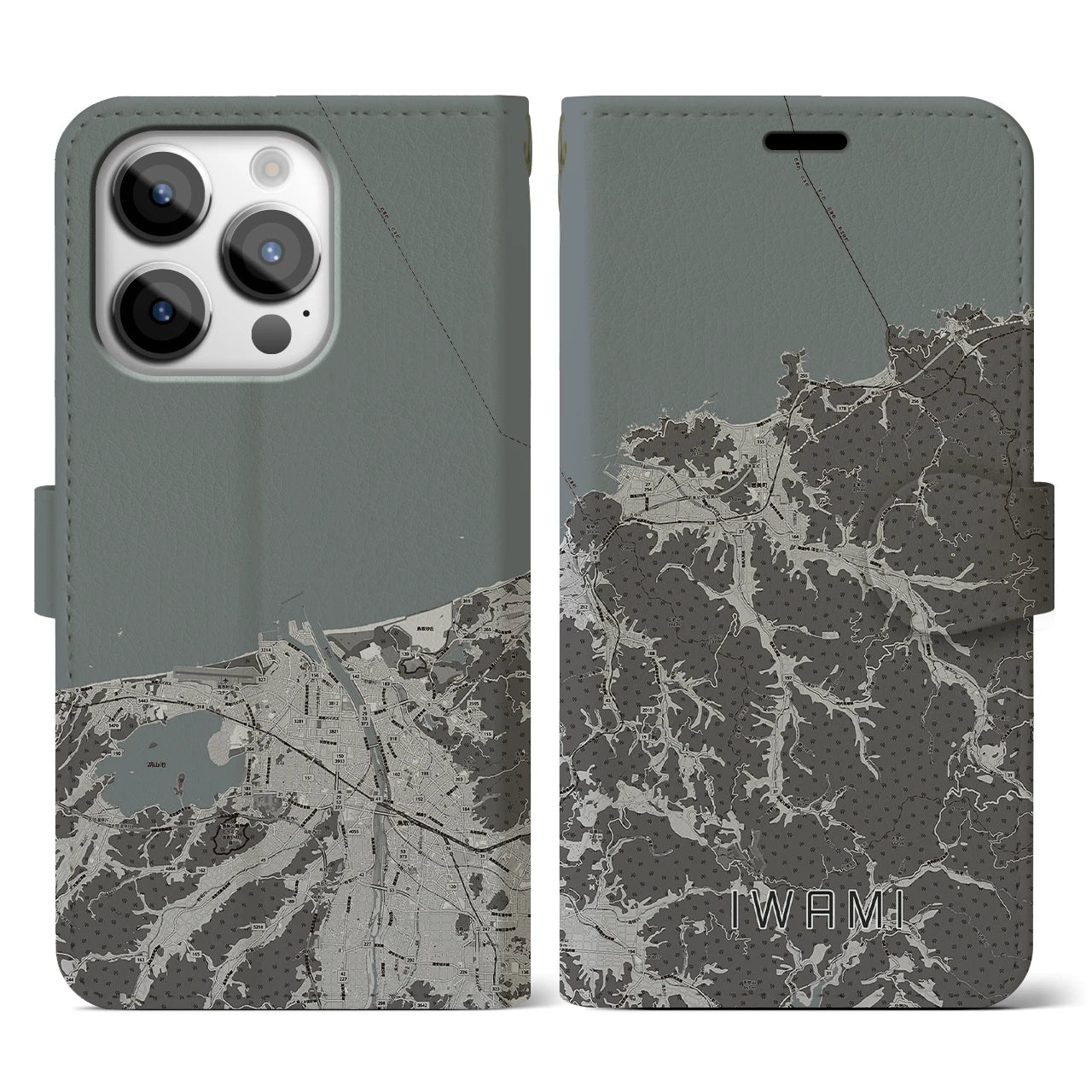 【岩美(鳥取県)】地図柄iPhoneケース(手帳タイプ)モノトーン・iPhone 14 Pro 用