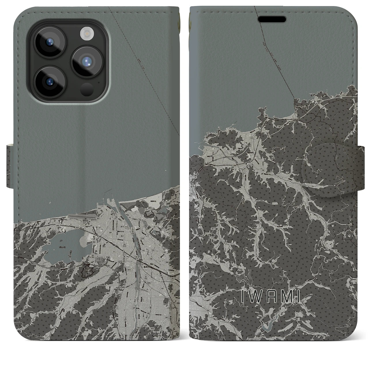 【岩美(鳥取県)】地図柄iPhoneケース(手帳タイプ)モノトーン・iPhone 15 Pro Max 用