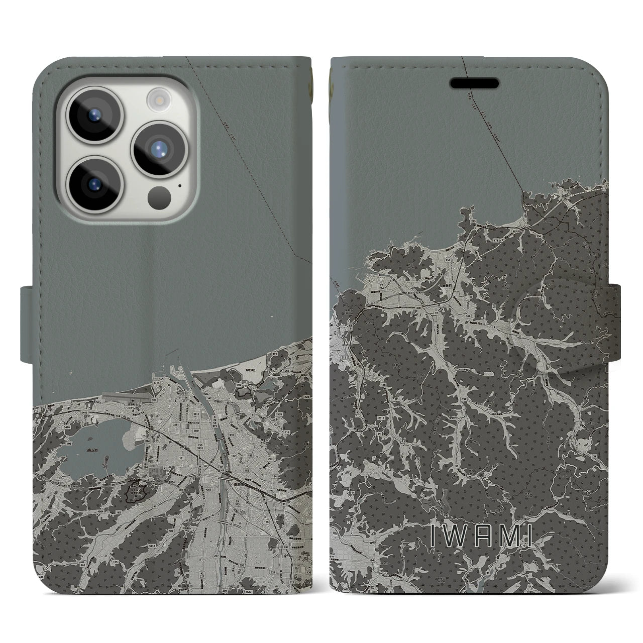 【岩美(鳥取県)】地図柄iPhoneケース(手帳タイプ)モノトーン・iPhone 15 Pro 用