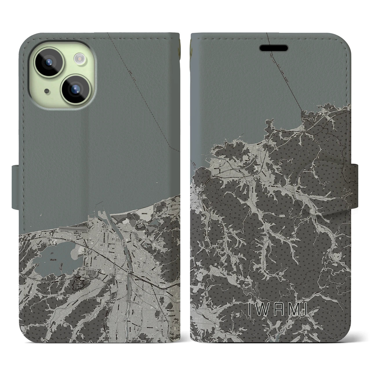 【岩美(鳥取県)】地図柄iPhoneケース(手帳タイプ)モノトーン・iPhone 15 用