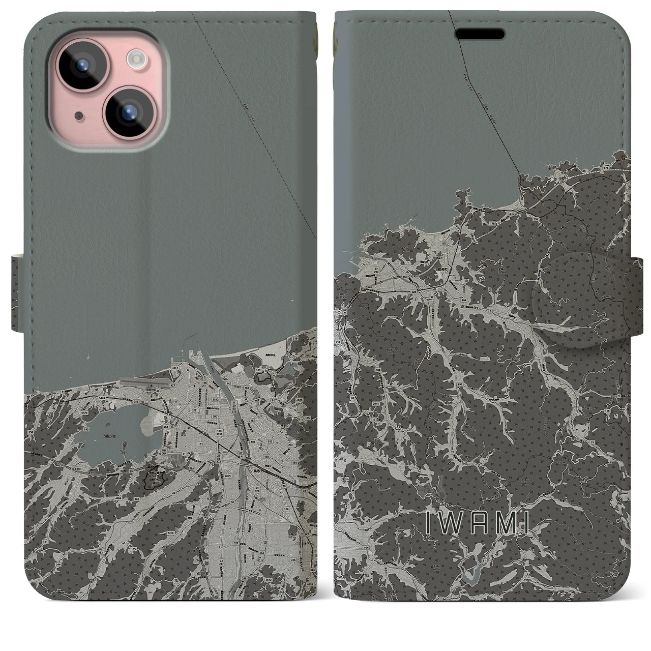 【岩美(鳥取県)】地図柄iPhoneケース(手帳タイプ)モノトーン・iPhone 15 Plus 用