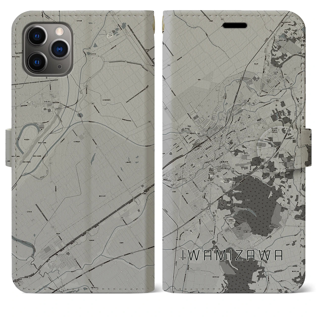 【岩見沢(北海道)】地図柄iPhoneケース(手帳タイプ)モノトーン・iPhone 11 Pro Max 用