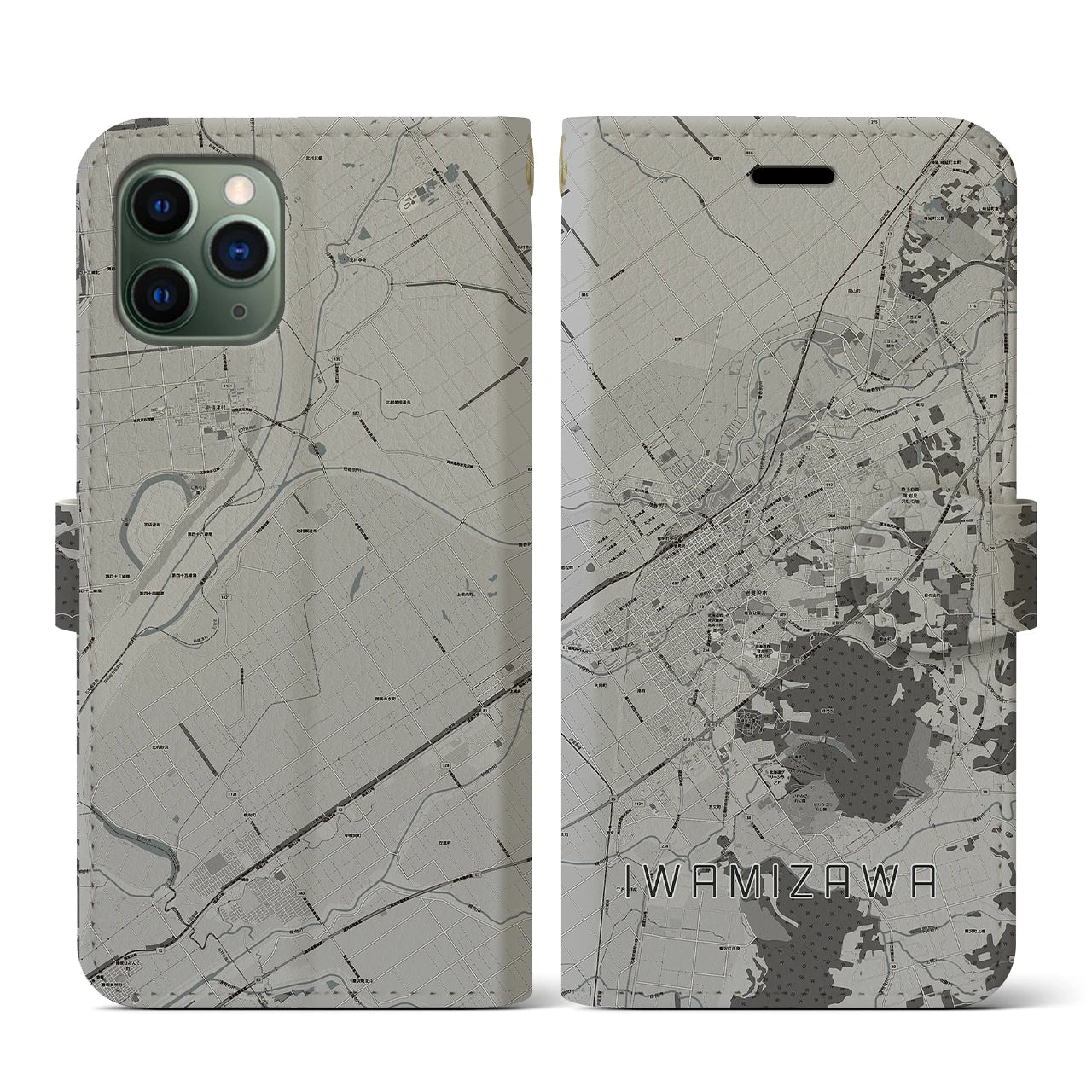 【岩見沢(北海道)】地図柄iPhoneケース(手帳タイプ)モノトーン・iPhone 11 Pro 用