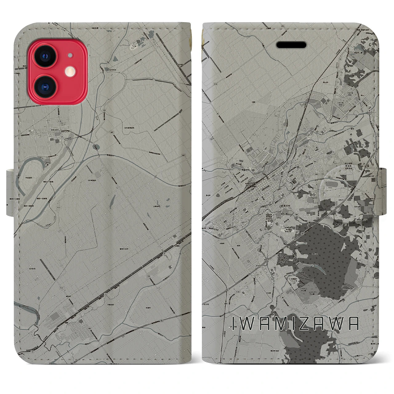 【岩見沢(北海道)】地図柄iPhoneケース(手帳タイプ)モノトーン・iPhone 11 用