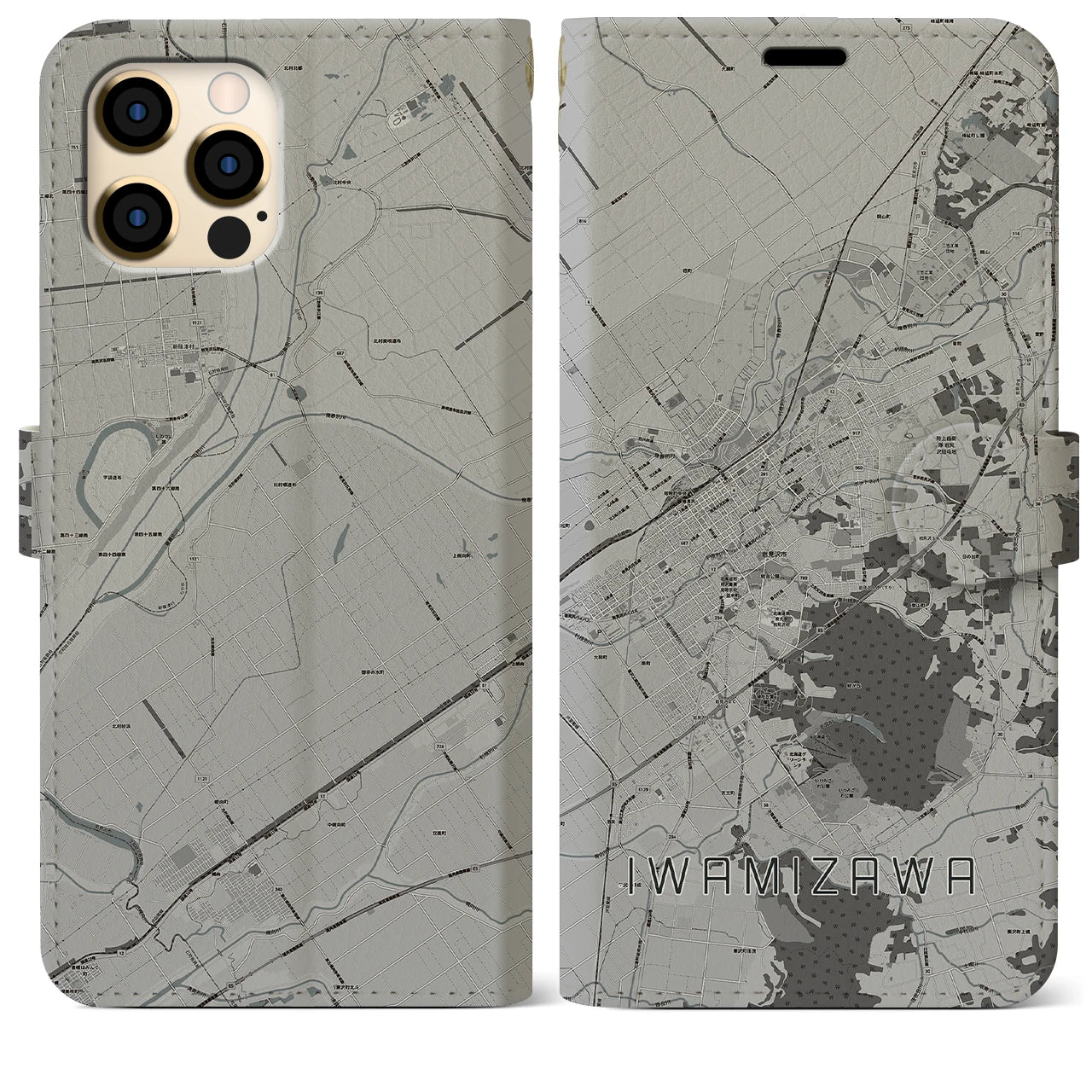 【岩見沢(北海道)】地図柄iPhoneケース(手帳タイプ)モノトーン・iPhone 12 Pro Max 用