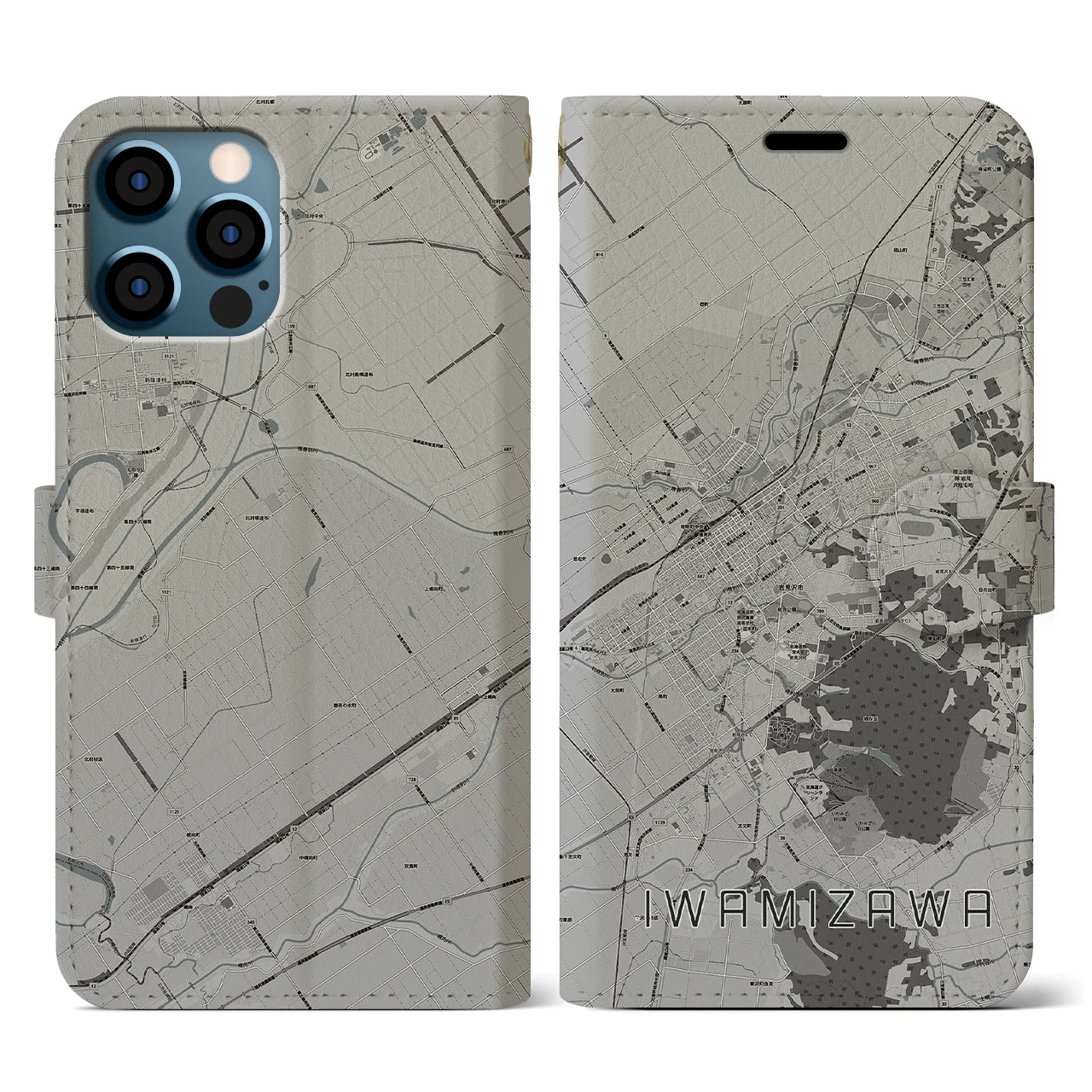 【岩見沢(北海道)】地図柄iPhoneケース(手帳タイプ)モノトーン・iPhone 12 / 12 Pro 用