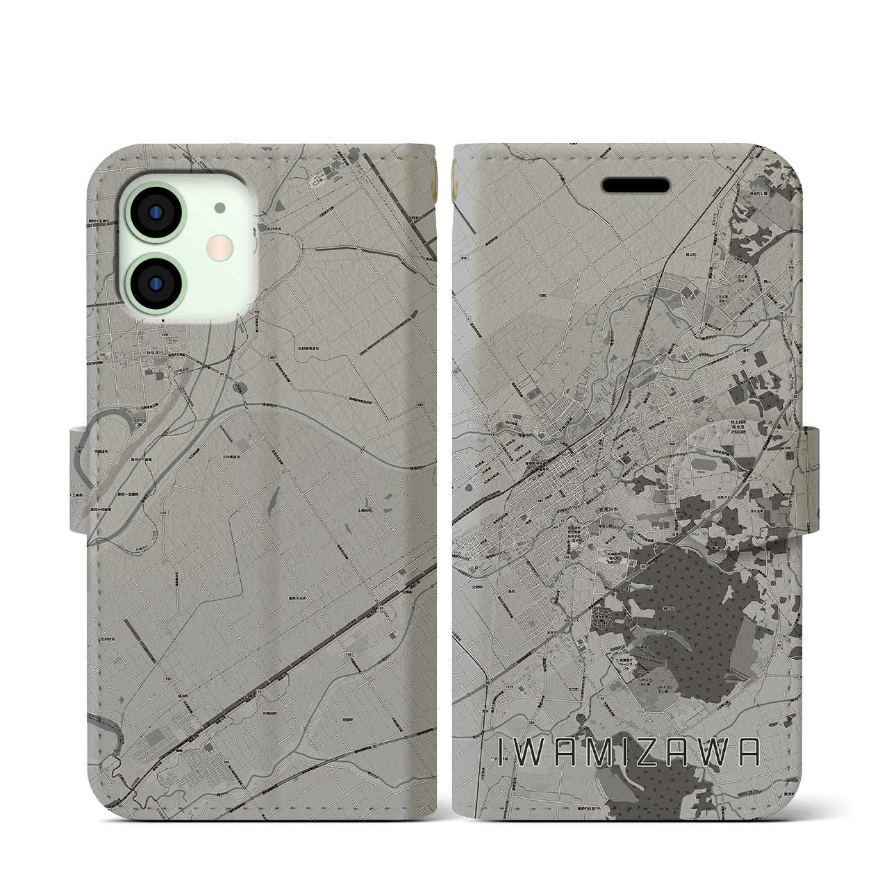 【岩見沢(北海道)】地図柄iPhoneケース(手帳タイプ)モノトーン・iPhone 12 mini 用