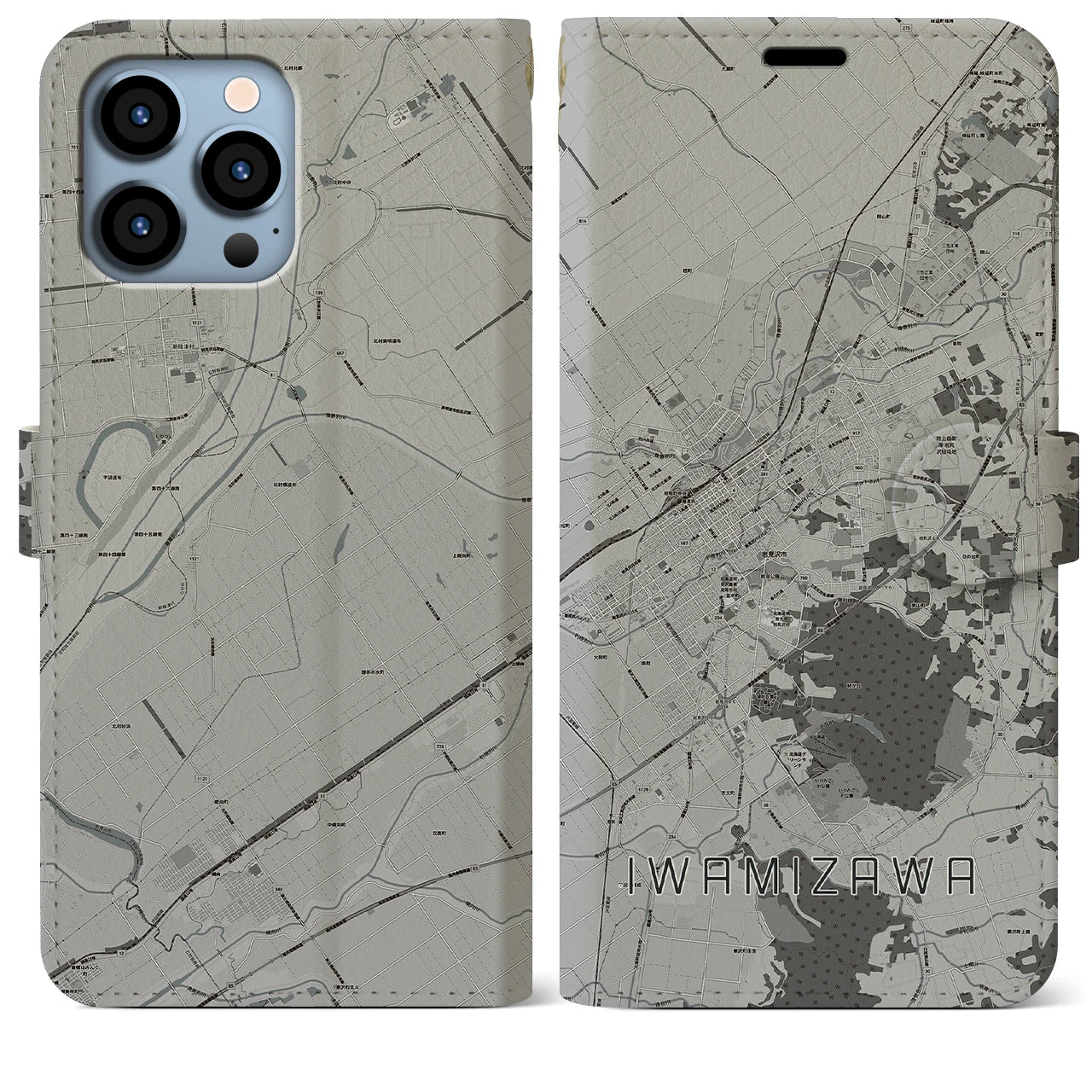 【岩見沢(北海道)】地図柄iPhoneケース(手帳タイプ)モノトーン・iPhone 13 Pro Max 用