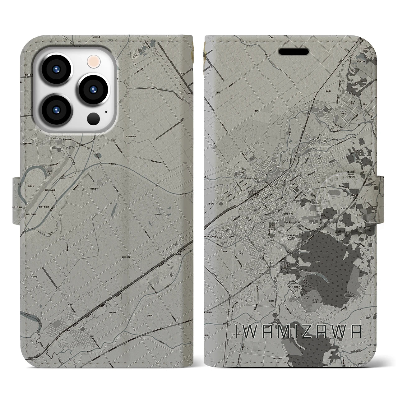 【岩見沢(北海道)】地図柄iPhoneケース(手帳タイプ)モノトーン・iPhone 13 Pro 用