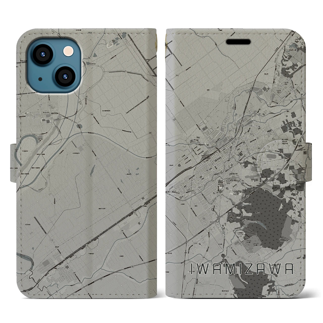 【岩見沢(北海道)】地図柄iPhoneケース(手帳タイプ)モノトーン・iPhone 13 用