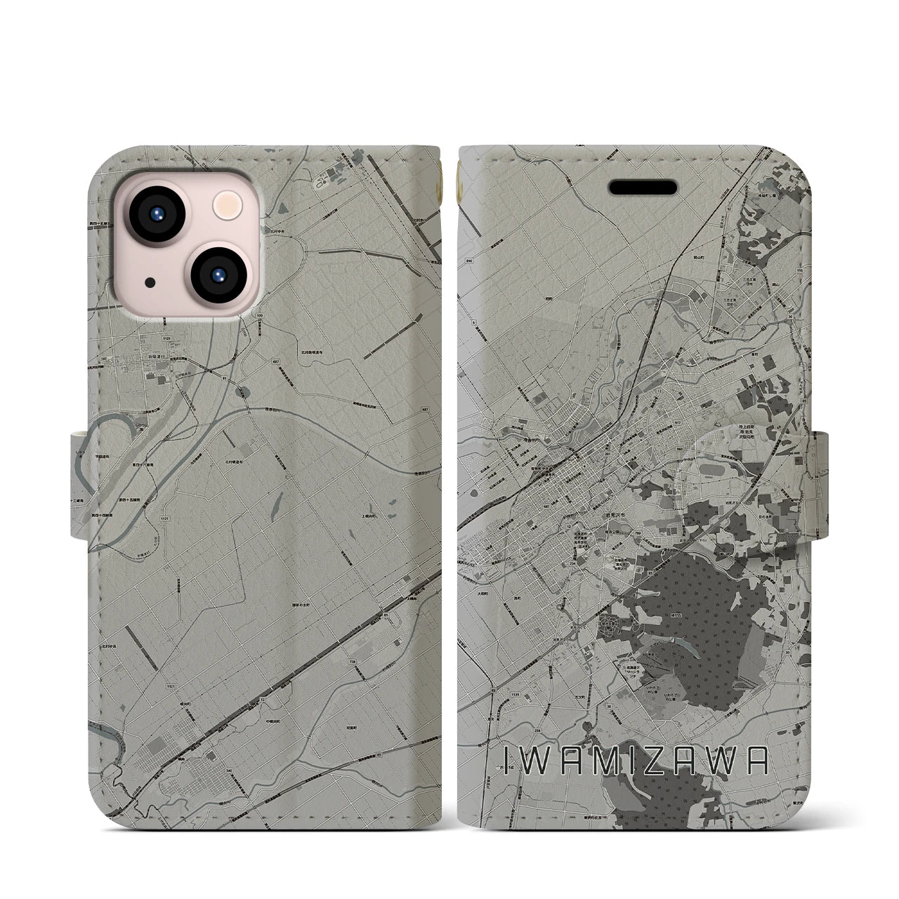 【岩見沢(北海道)】地図柄iPhoneケース(手帳タイプ)モノトーン・iPhone 13 mini 用