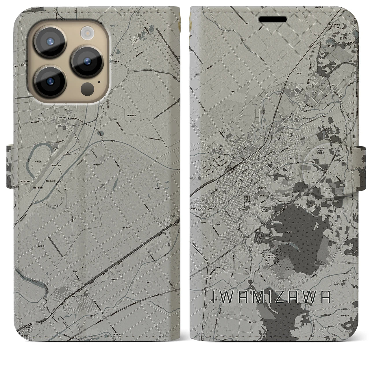 【岩見沢(北海道)】地図柄iPhoneケース(手帳タイプ)モノトーン・iPhone 14 Pro Max 用