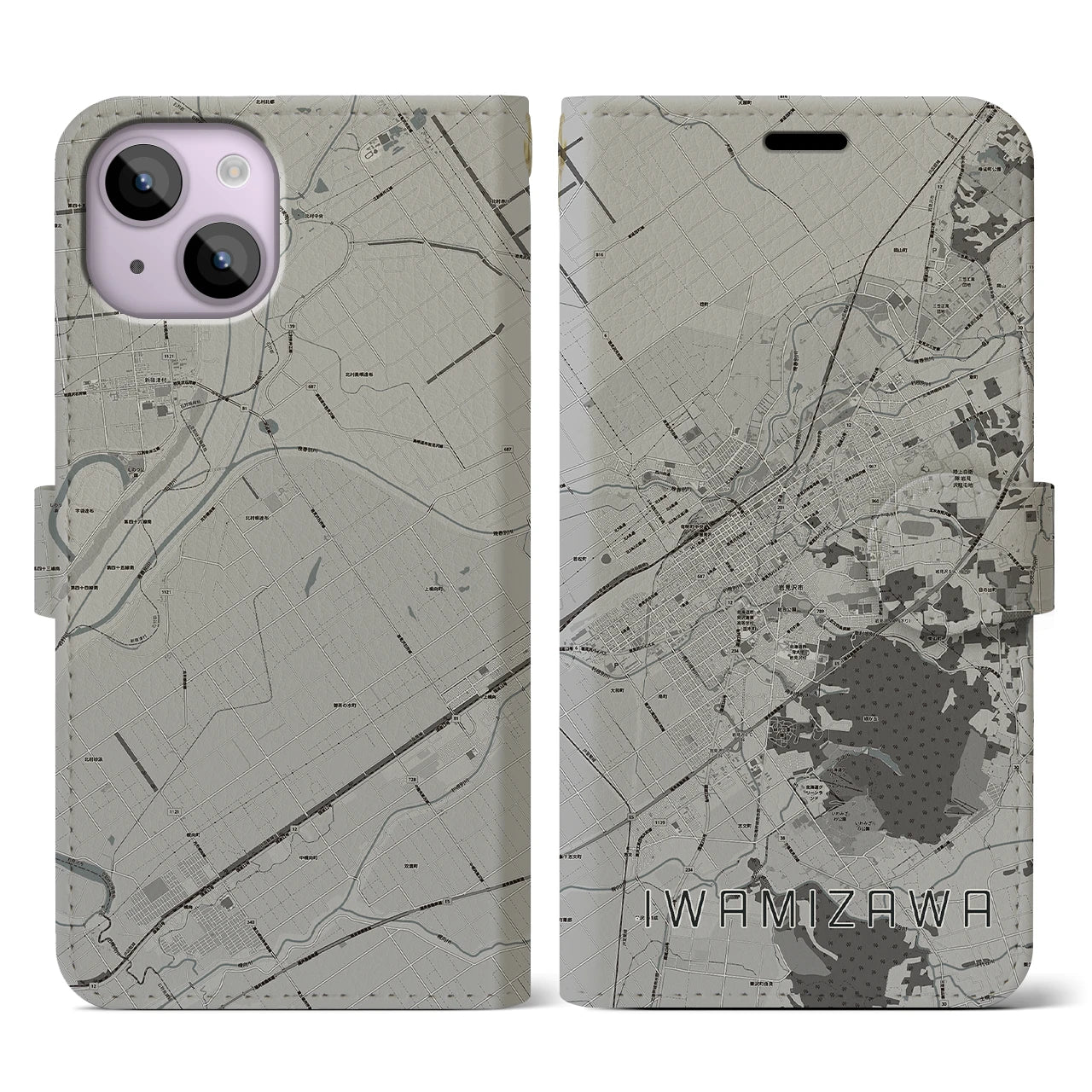 【岩見沢(北海道)】地図柄iPhoneケース(手帳タイプ)モノトーン・iPhone 14 用