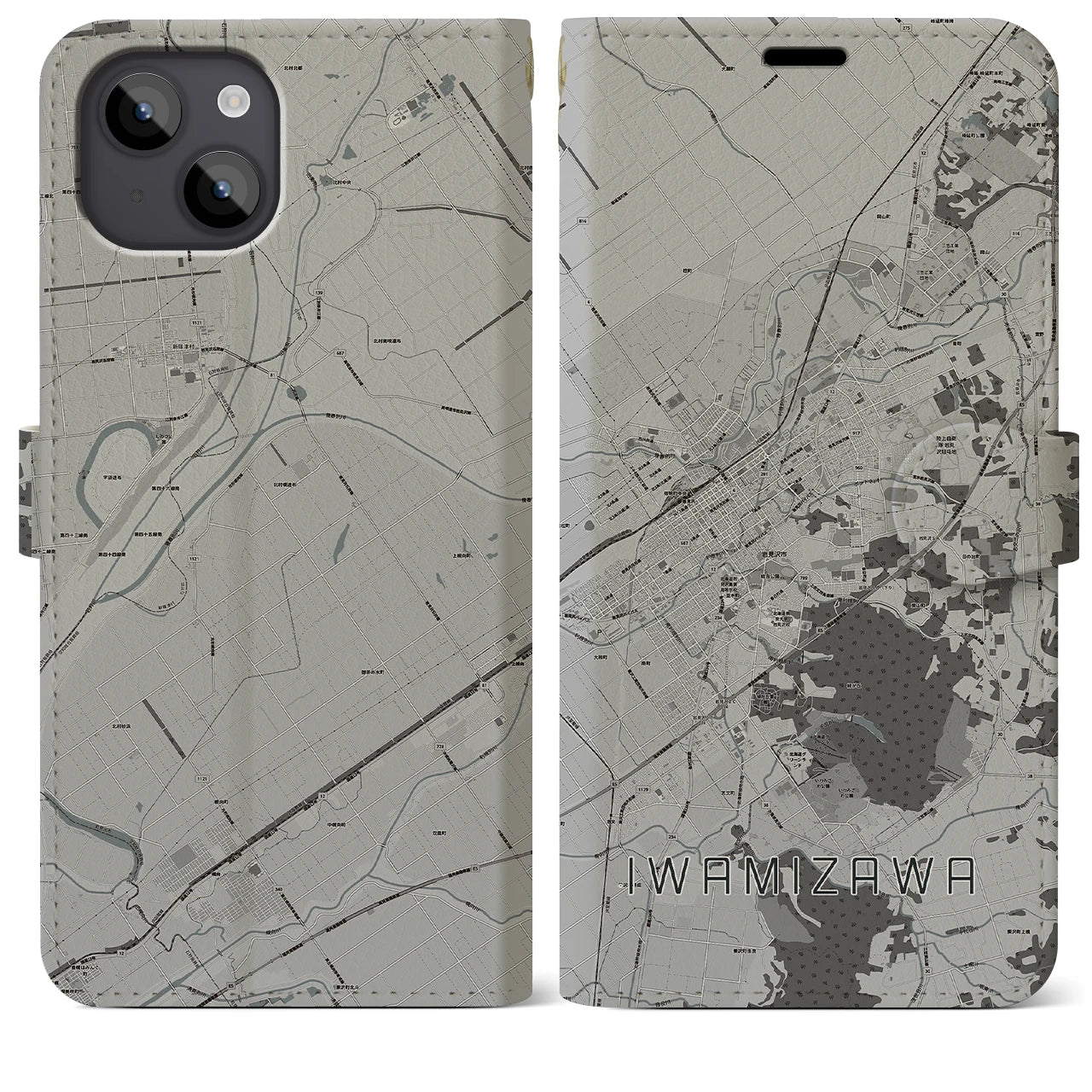 【岩見沢(北海道)】地図柄iPhoneケース(手帳タイプ)モノトーン・iPhone 14 Plus 用