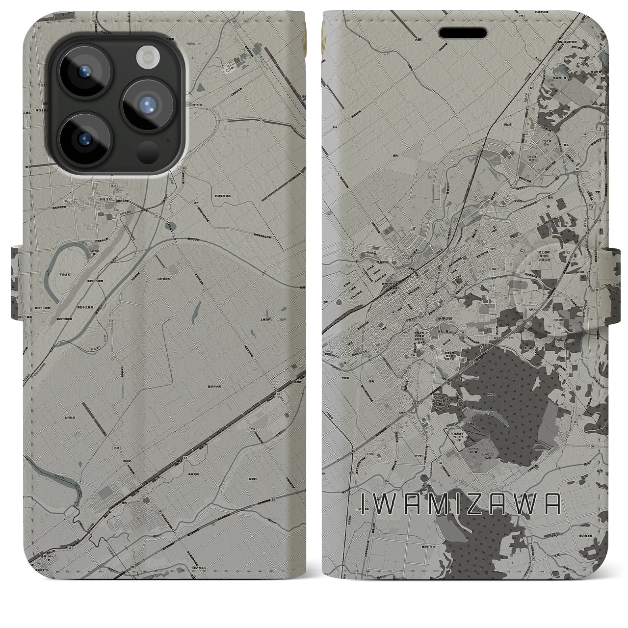 【岩見沢(北海道)】地図柄iPhoneケース(手帳タイプ)モノトーン・iPhone 15 Pro Max 用