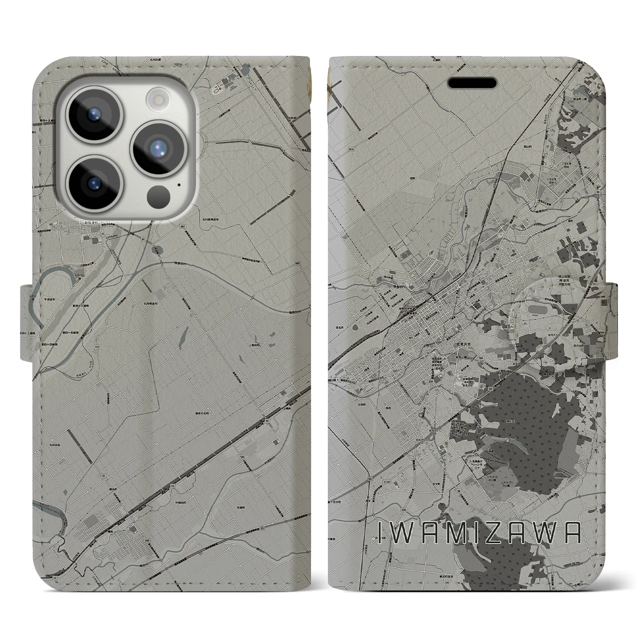 【岩見沢(北海道)】地図柄iPhoneケース(手帳タイプ)モノトーン・iPhone 15 Pro 用