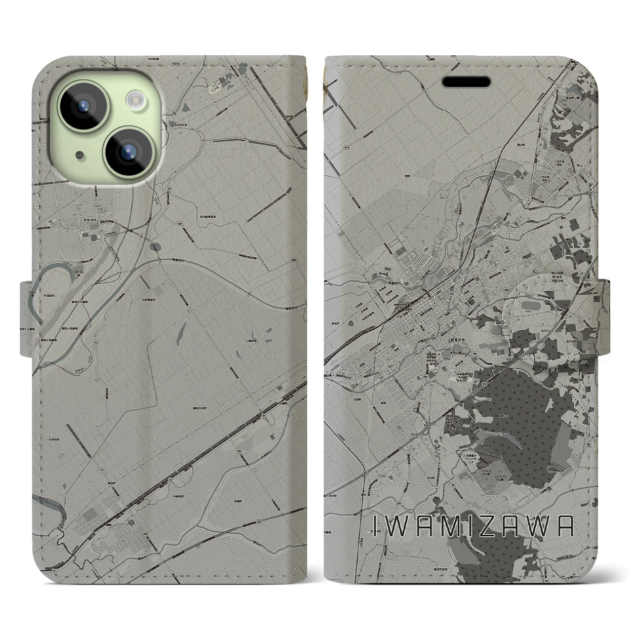 【岩見沢(北海道)】地図柄iPhoneケース(手帳タイプ)モノトーン・iPhone 15 用