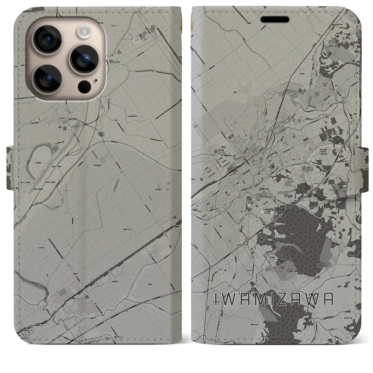 【岩見沢(北海道)】地図柄iPhoneケース(手帳タイプ)モノトーン・iPhone 16 Plus 用