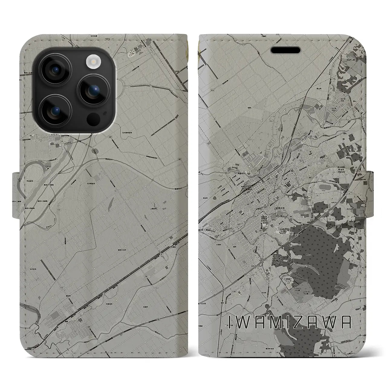 【岩見沢(北海道)】地図柄iPhoneケース(手帳タイプ)モノトーン・iPhone 16 用