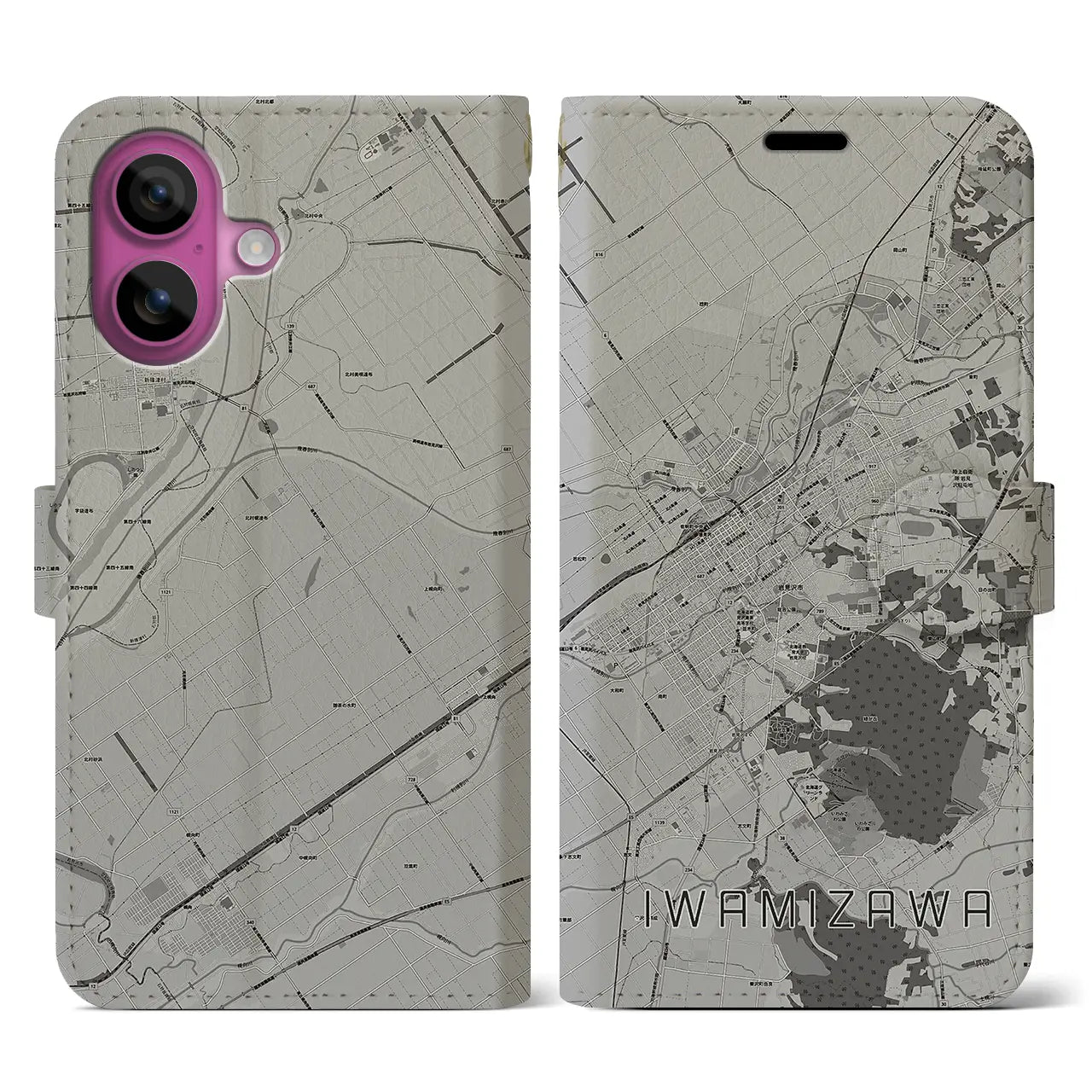 【岩見沢(北海道)】地図柄iPhoneケース(手帳タイプ)モノトーン・iPhone 16 Pro 用