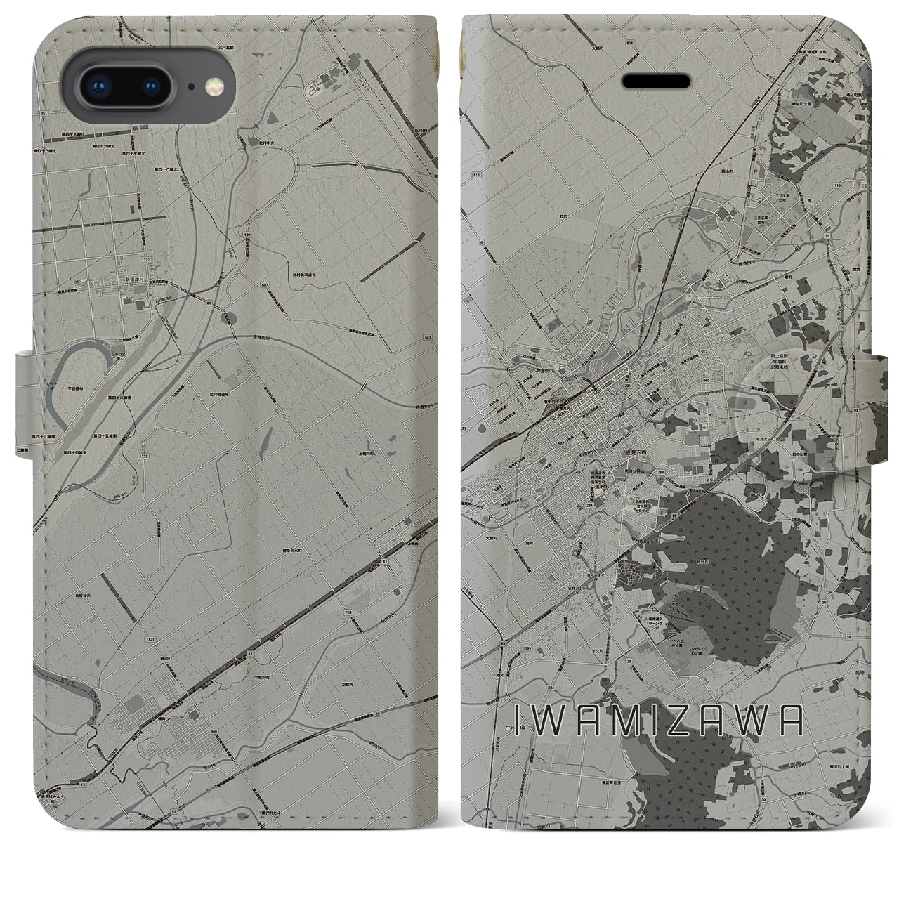 【岩見沢(北海道)】地図柄iPhoneケース(手帳タイプ)モノトーン・iPhone 8Plus /7Plus / 6sPlus / 6Plus 用