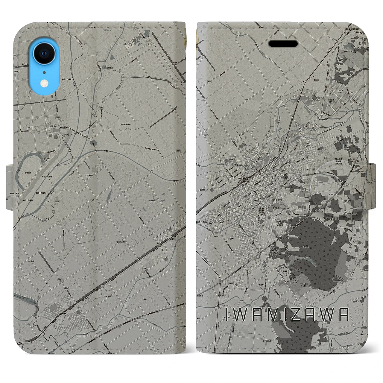 【岩見沢(北海道)】地図柄iPhoneケース(手帳タイプ)モノトーン・iPhone XR 用