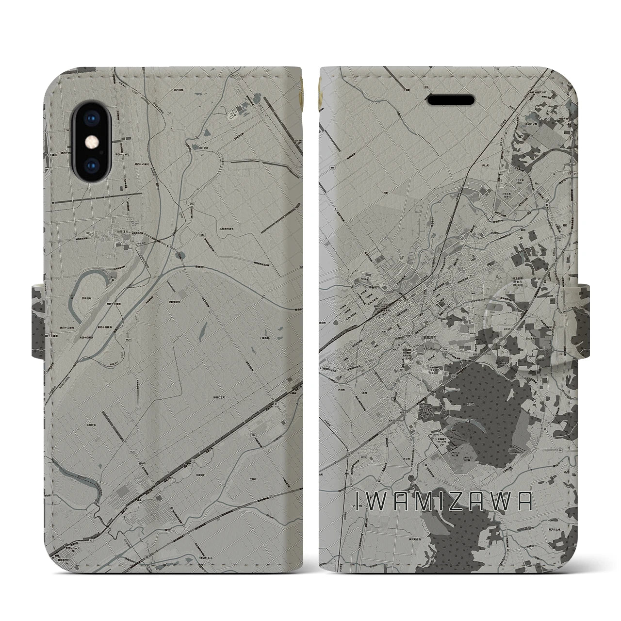 【岩見沢(北海道)】地図柄iPhoneケース(手帳タイプ)モノトーン・iPhone XS / X 用