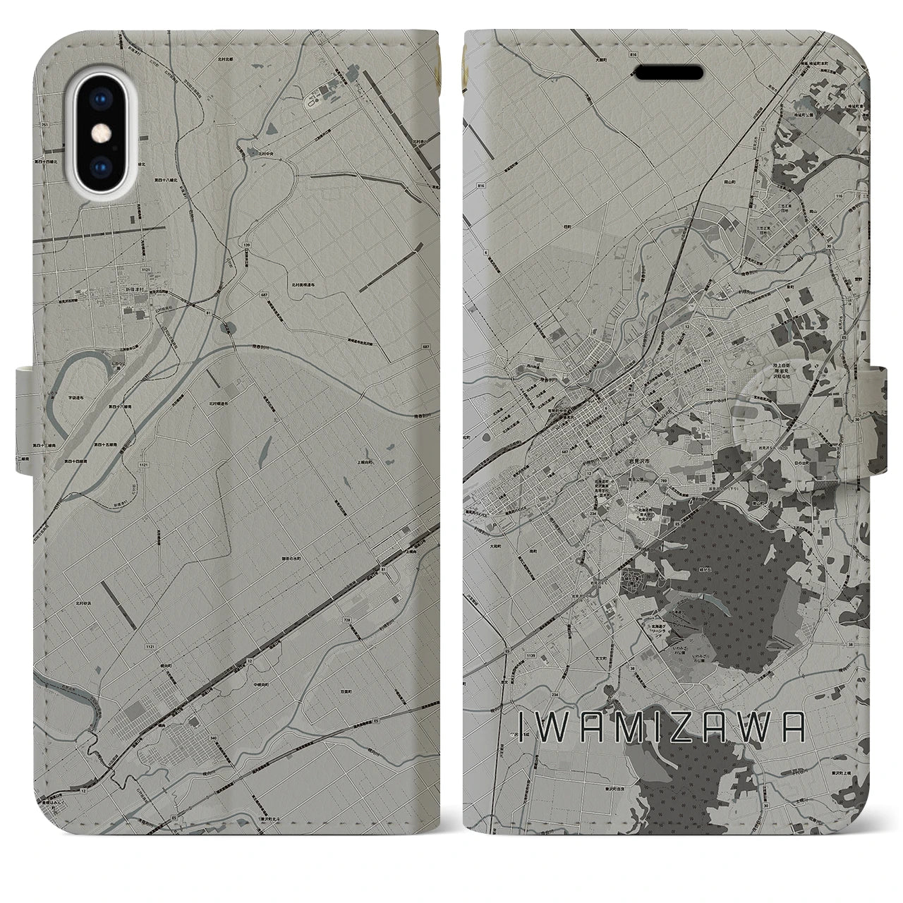 【岩見沢(北海道)】地図柄iPhoneケース(手帳タイプ)モノトーン・iPhone XS Max 用