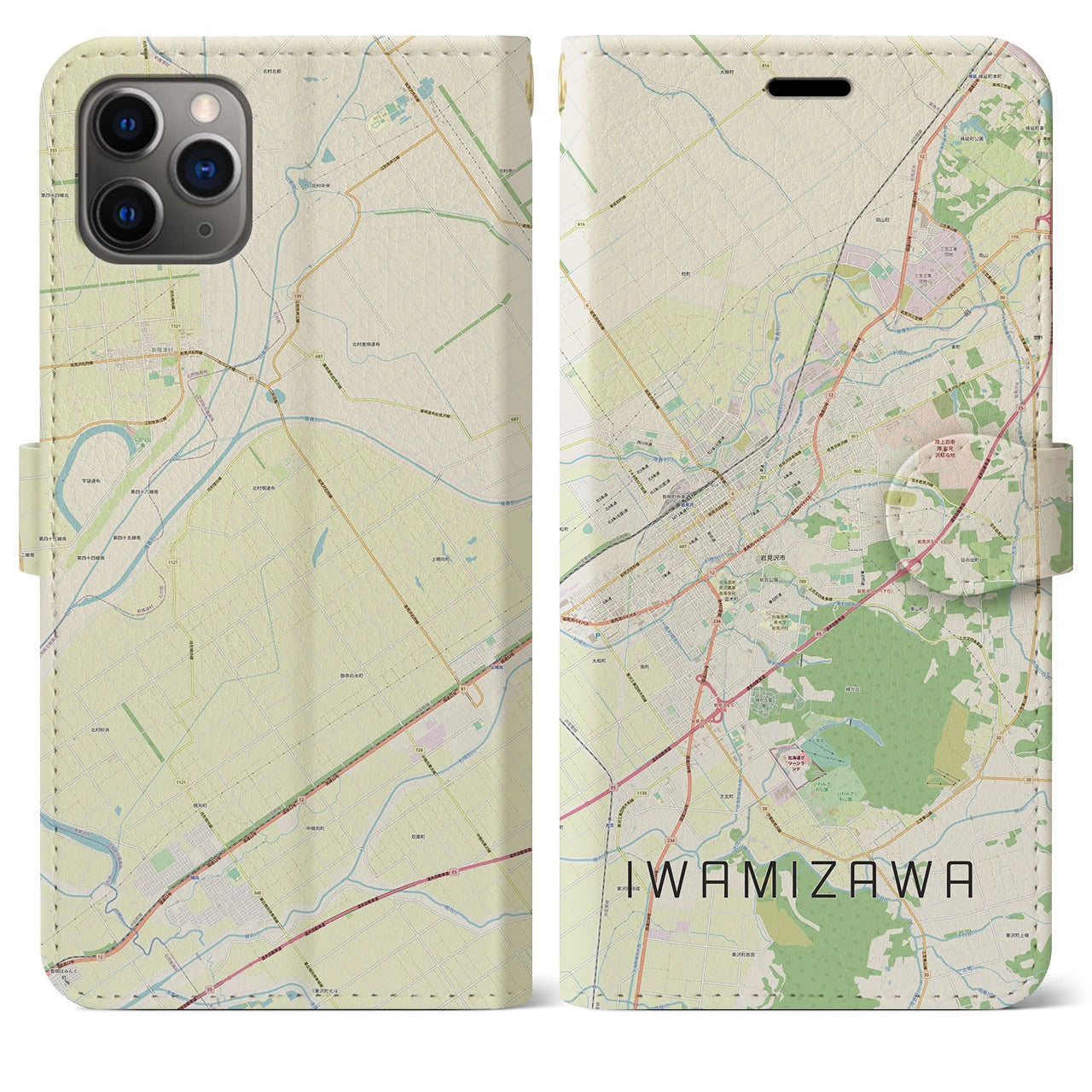 【岩見沢(北海道)】地図柄iPhoneケース(手帳タイプ)ナチュラル・iPhone 11 Pro Max 用