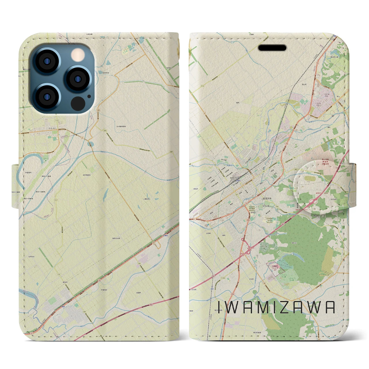 【岩見沢(北海道)】地図柄iPhoneケース(手帳タイプ)ナチュラル・iPhone 12 / 12 Pro 用
