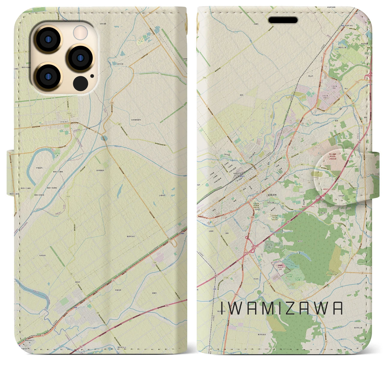 【岩見沢(北海道)】地図柄iPhoneケース(手帳タイプ)ナチュラル・iPhone 12 Pro Max 用