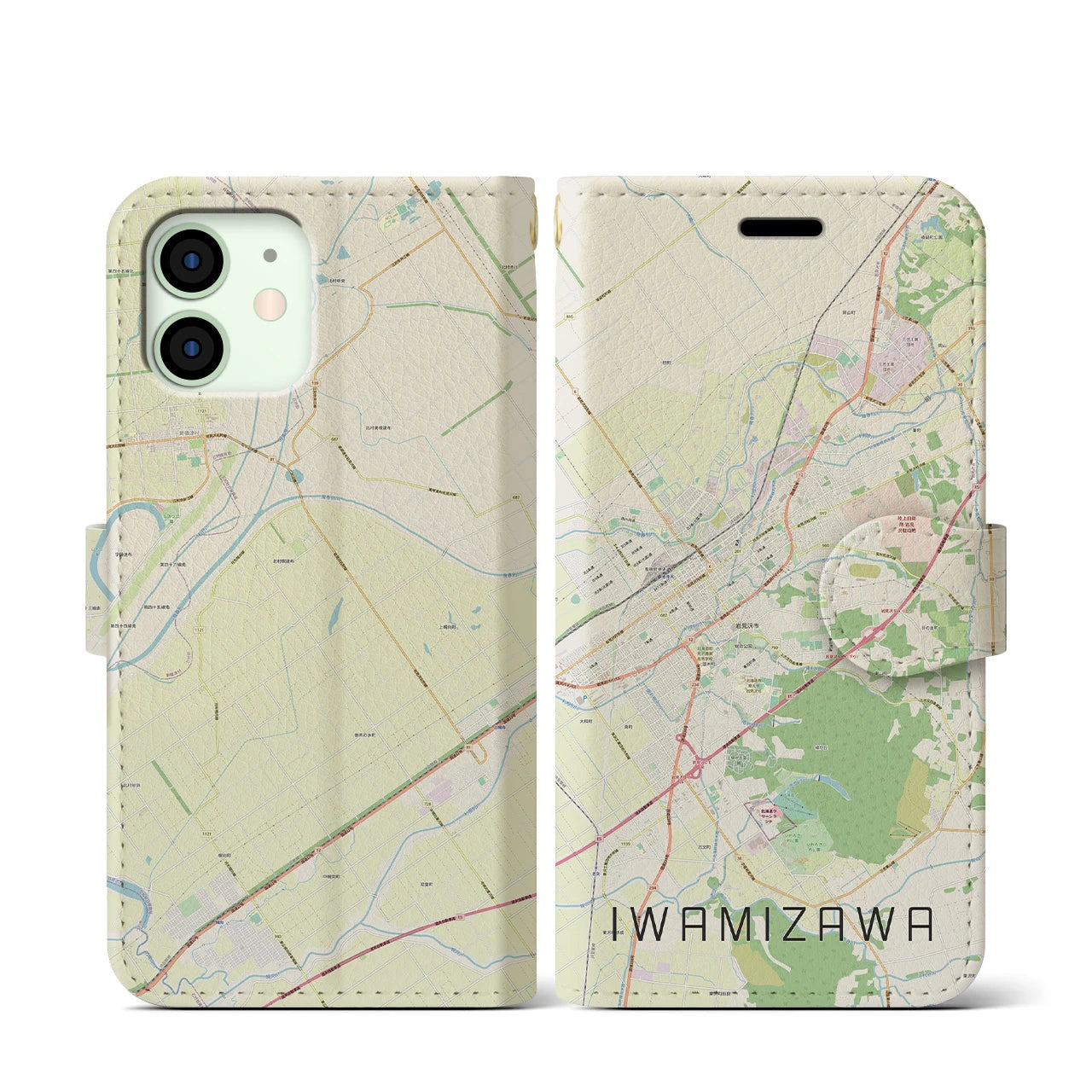 【岩見沢(北海道)】地図柄iPhoneケース(手帳タイプ)ナチュラル・iPhone 12 mini 用