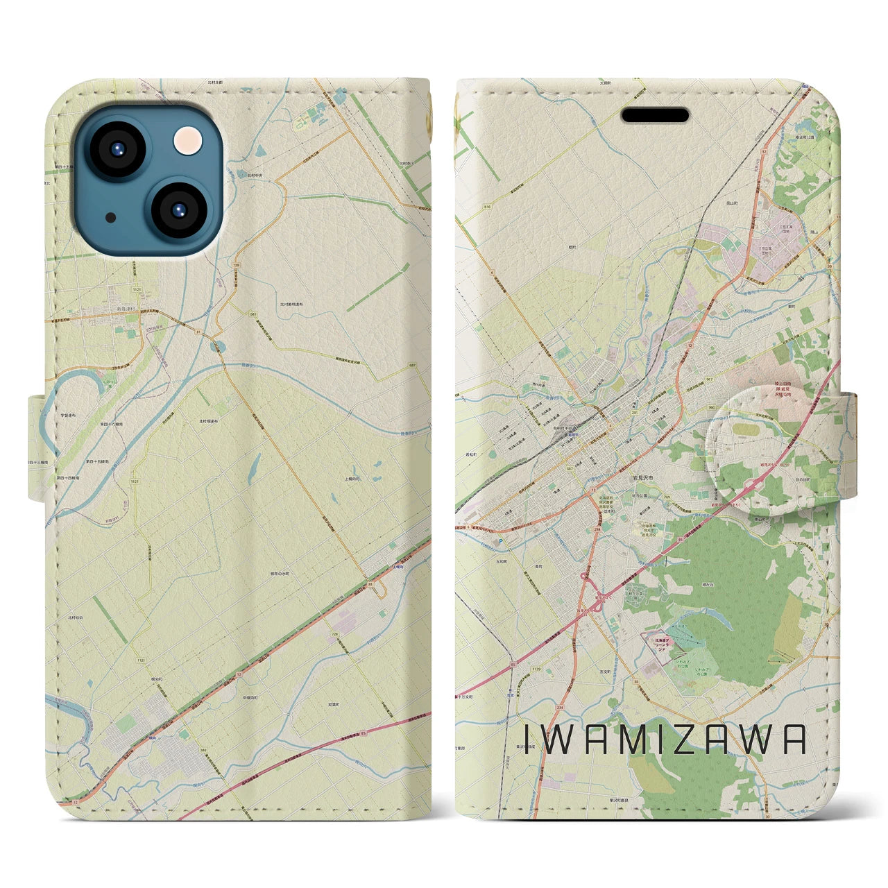 【岩見沢(北海道)】地図柄iPhoneケース(手帳タイプ)ナチュラル・iPhone 13 用