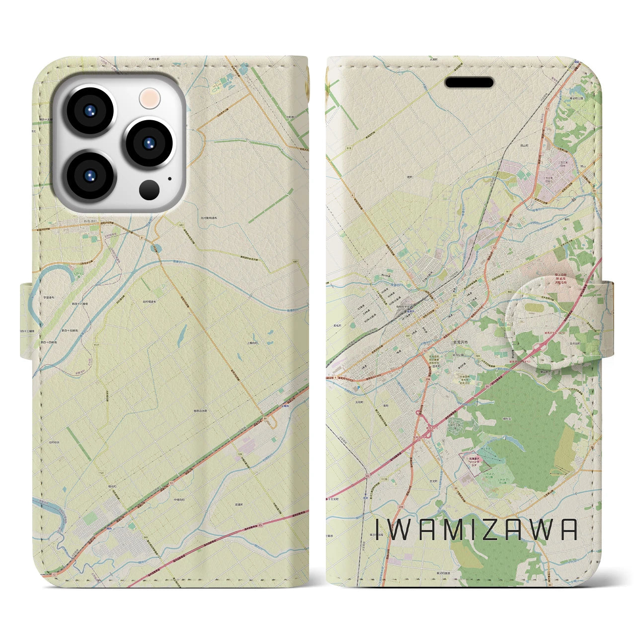 【岩見沢(北海道)】地図柄iPhoneケース(手帳タイプ)ナチュラル・iPhone 13 Pro 用