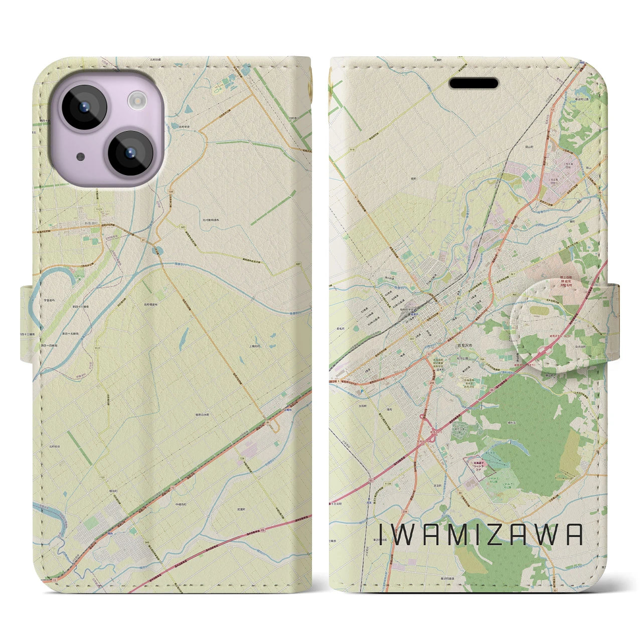 【岩見沢(北海道)】地図柄iPhoneケース(手帳タイプ)ナチュラル・iPhone 14 用