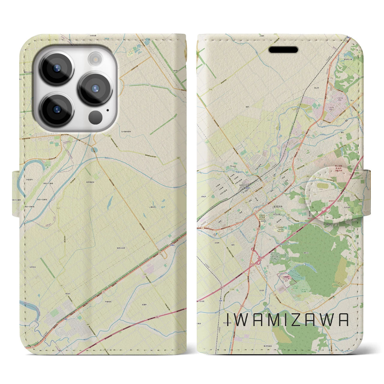 【岩見沢(北海道)】地図柄iPhoneケース(手帳タイプ)ナチュラル・iPhone 14 Pro 用