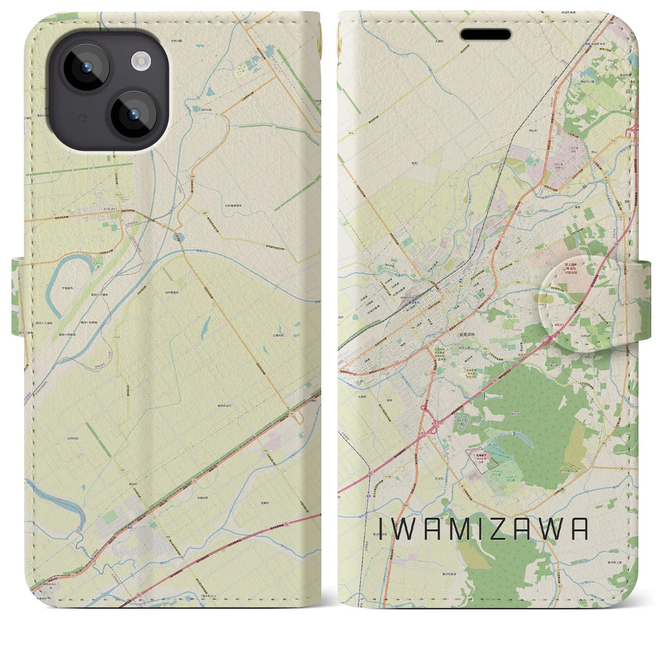 【岩見沢(北海道)】地図柄iPhoneケース(手帳タイプ)ナチュラル・iPhone 14 Plus 用