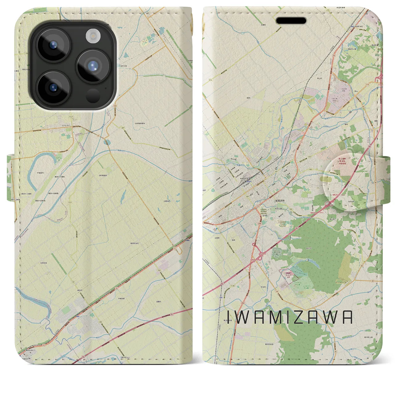 【岩見沢(北海道)】地図柄iPhoneケース(手帳タイプ)ナチュラル・iPhone 15 Pro Max 用