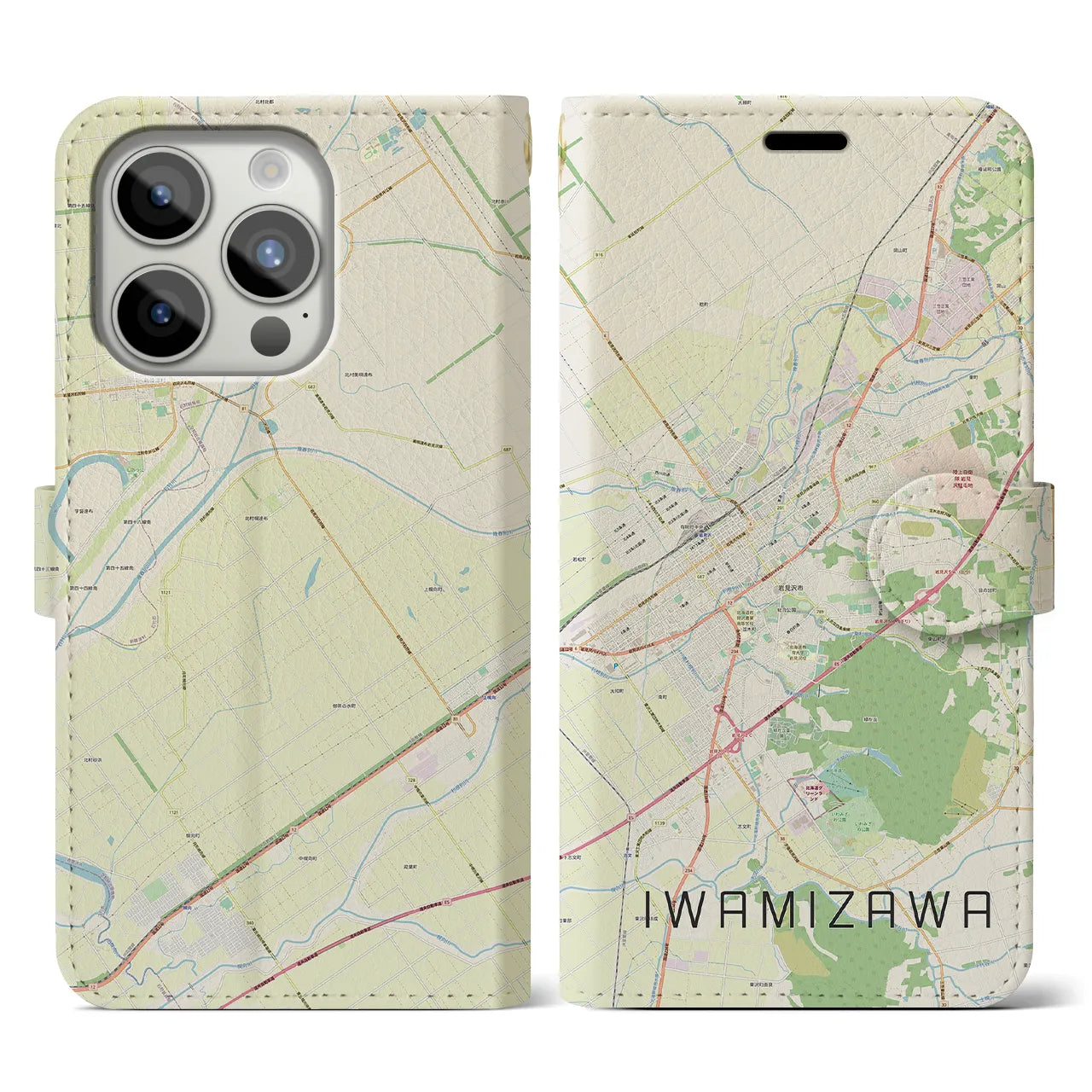 【岩見沢(北海道)】地図柄iPhoneケース(手帳タイプ)ナチュラル・iPhone 15 Pro 用