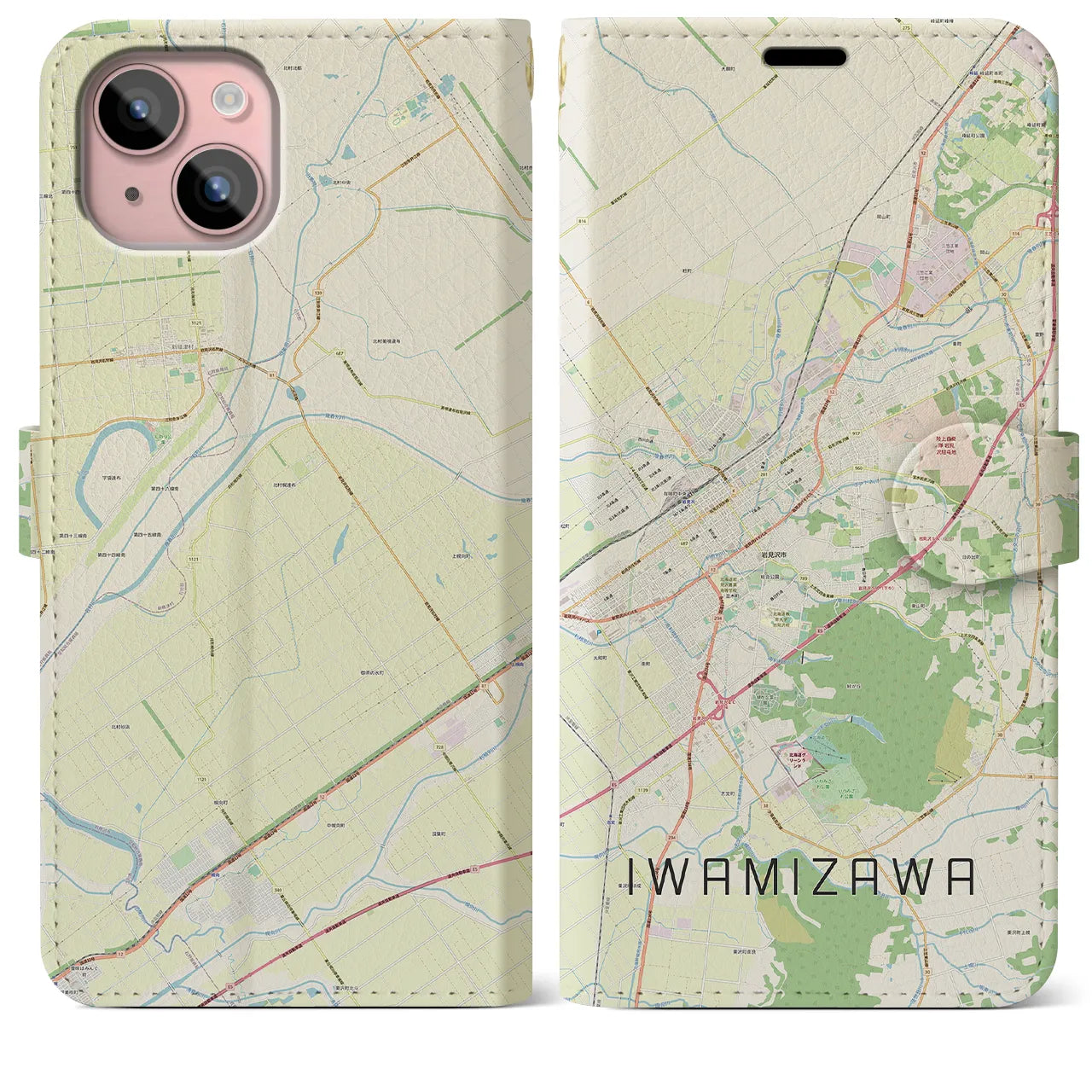 【岩見沢(北海道)】地図柄iPhoneケース(手帳タイプ)ナチュラル・iPhone 15 Plus 用